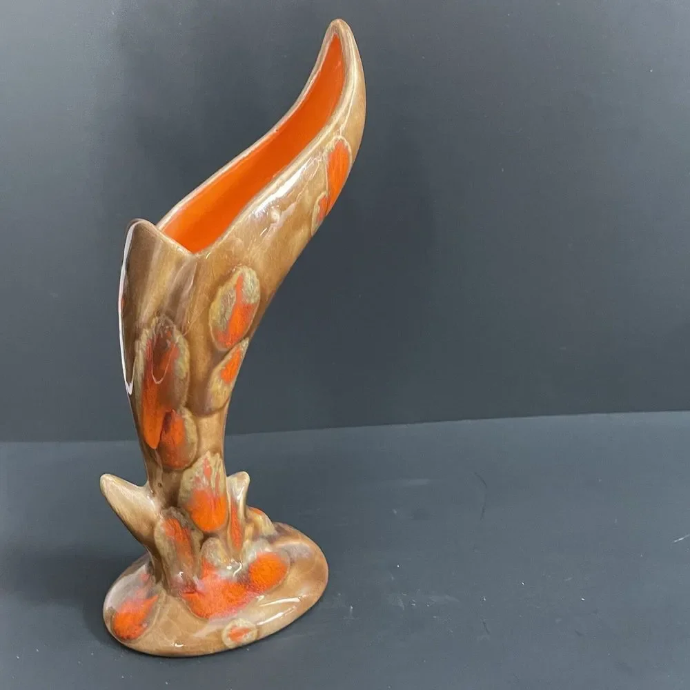 Vintage Bird Of Paradise MCM Pottery‎ Vase Orange Drip Signed Connie Nelson 1974